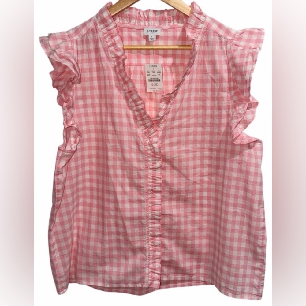 J. Crew Pink Gingham Ruffle Sleeve V-Neck Blouse worn 2x